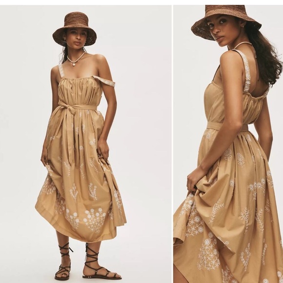 MOTHER Dresses & Skirts - MOTHER TAN EMBROIDERED DRESS LARGE 💯 COTTON